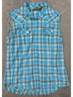 Wrangler Western Plaid Pearl Snap Cut Off Sleeve Unisex M Blue Shirt 40" Chest